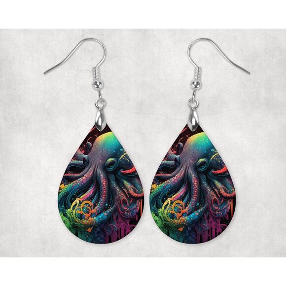Neon Octopus Ocean Sea Creature Teardrop Earrings 1.5 Inch Dangle Pierced Ears - Picture 1 of 4
